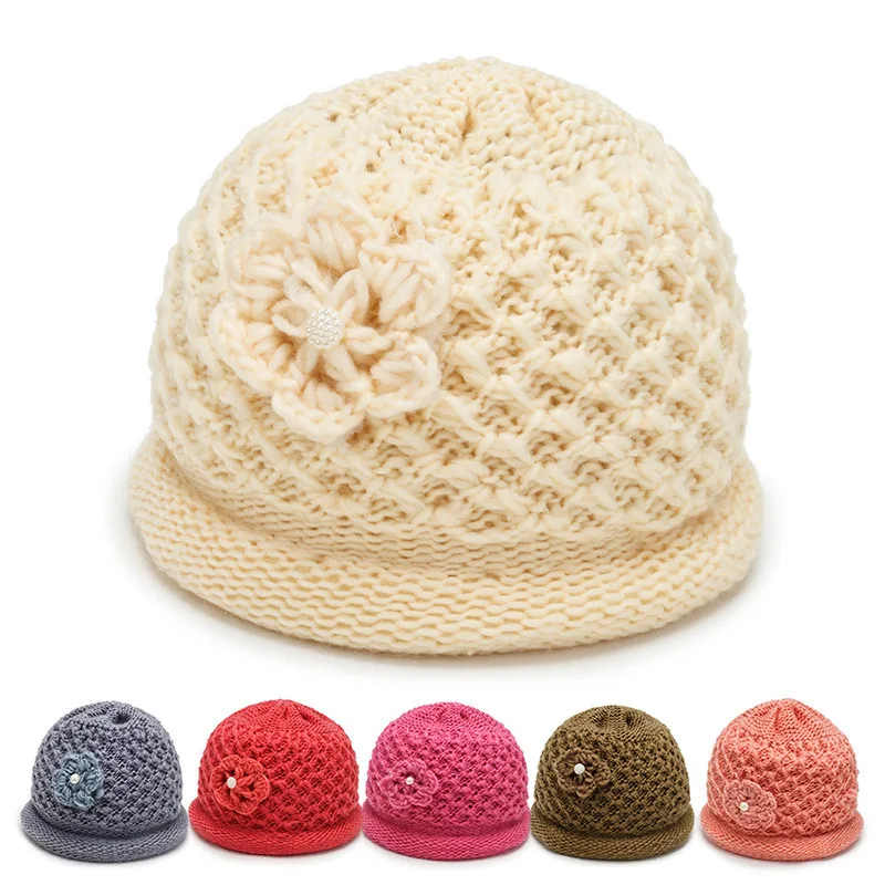 

Winter Women's Beanie Fashion Casual Pure Color Flower Knitted Hat Cold and Warm Women Woolen Hat New Korean Version
