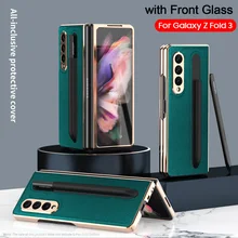 With Front Glass Pen Holder Slot Case for Samsung Galaxy Z Fold 3 Fold3 5G Case Ultra Thin Cross Pattern Leather Phone Cover