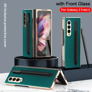 with front glass pen holder slot case for samsung galaxy z fold 3 fold3 5g case ultra thin cross pattern leather phone cover free global shipping
