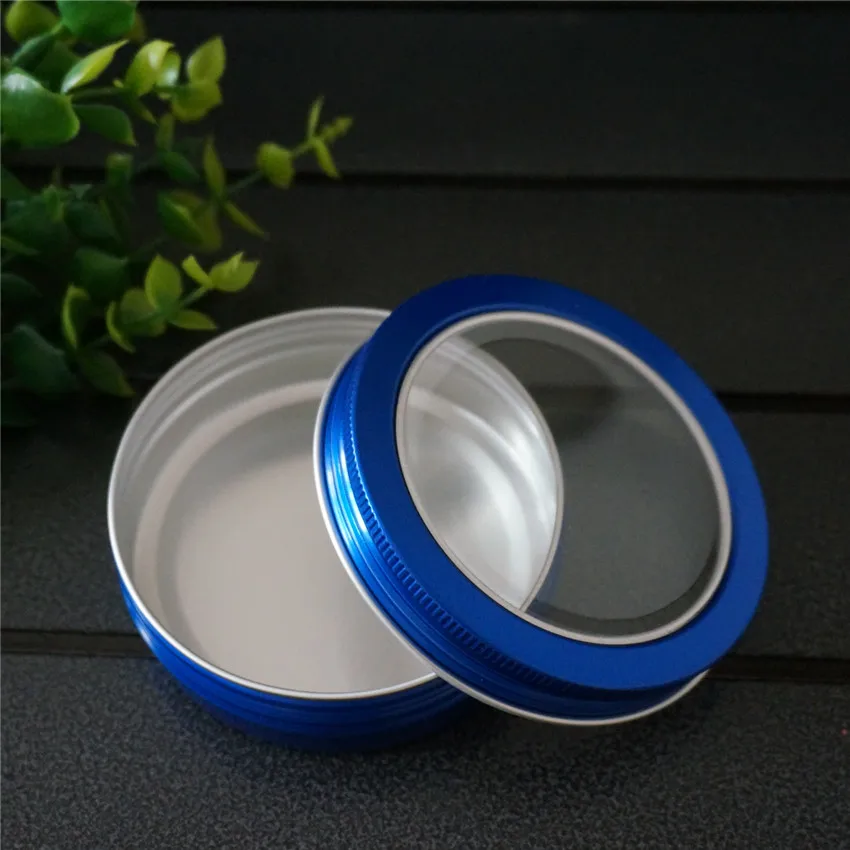 

Empty Round Cosmetic Aluminum Tin Cans Bottle with Window Lids,100ml 100g Skylight Aluminum Box Blue Cream Box Tea Aluminum Jar