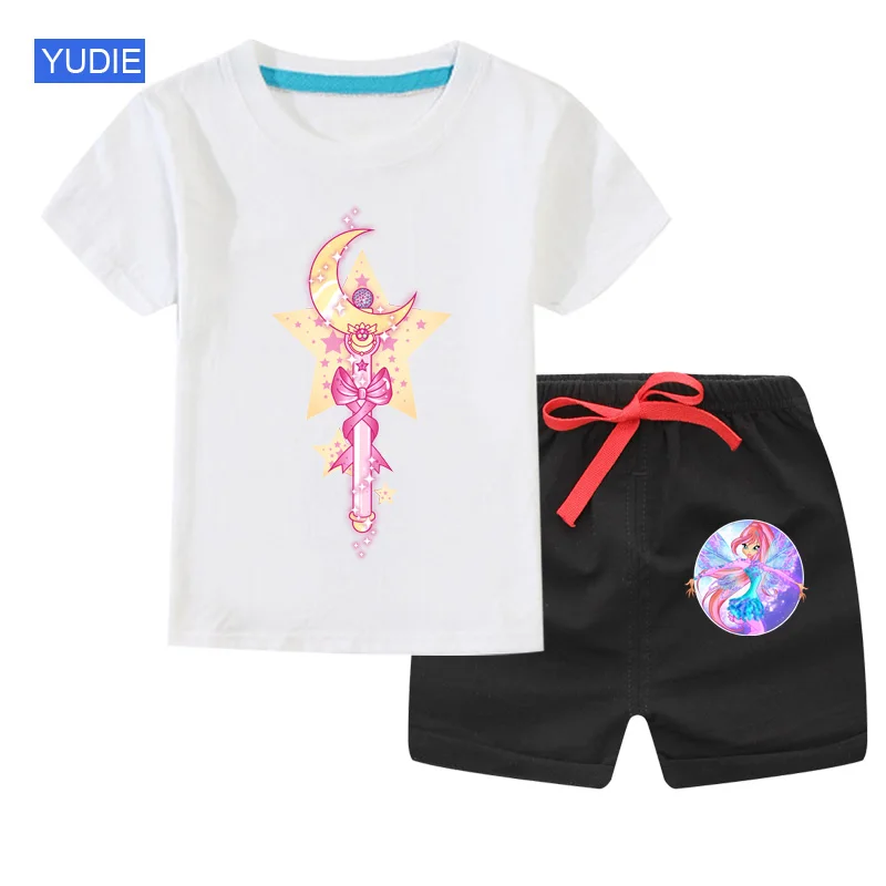 

Спортивный комплект для мальчиков и девочек, футболка с коротким рукавом и шорты, хлопок, мультяшный рисунок, комплект одежды на лето