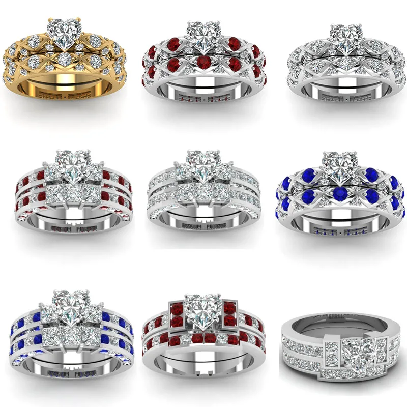 

Mifeiya Popular Mixed Style 2 Pcs/Set Female Crystal Blue Red Gold Color Heart Zircon Ring Set For Women Wedding Bridal Jewelry