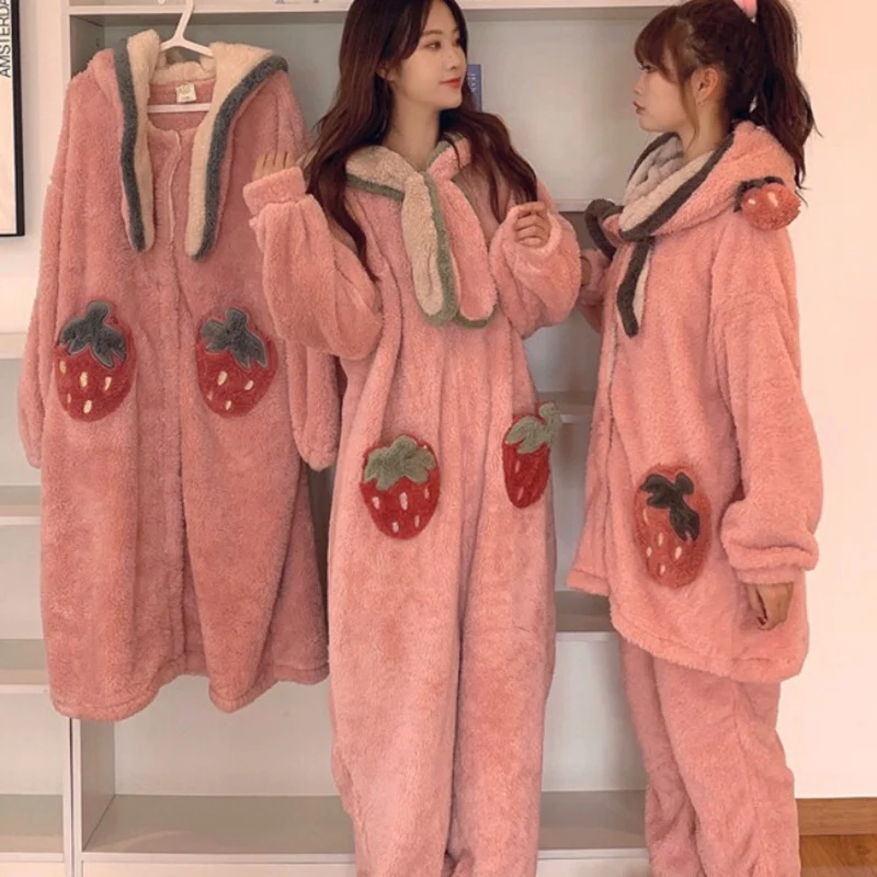 

Strawberry Flannel Bath Robe Sleepwear Onesies for Adults Coral Velvet Bathrobe Pajamas Women Cartoon Cute Warm Hooded Robe