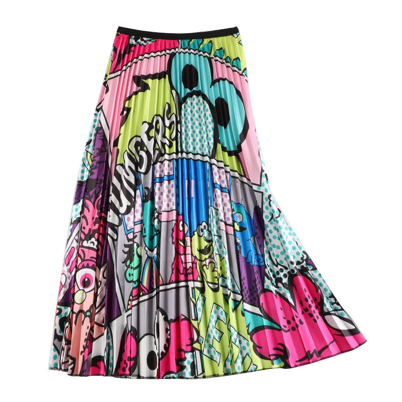 

spring and summer new European and American cartoon character print skirt a word medium length funny female trend