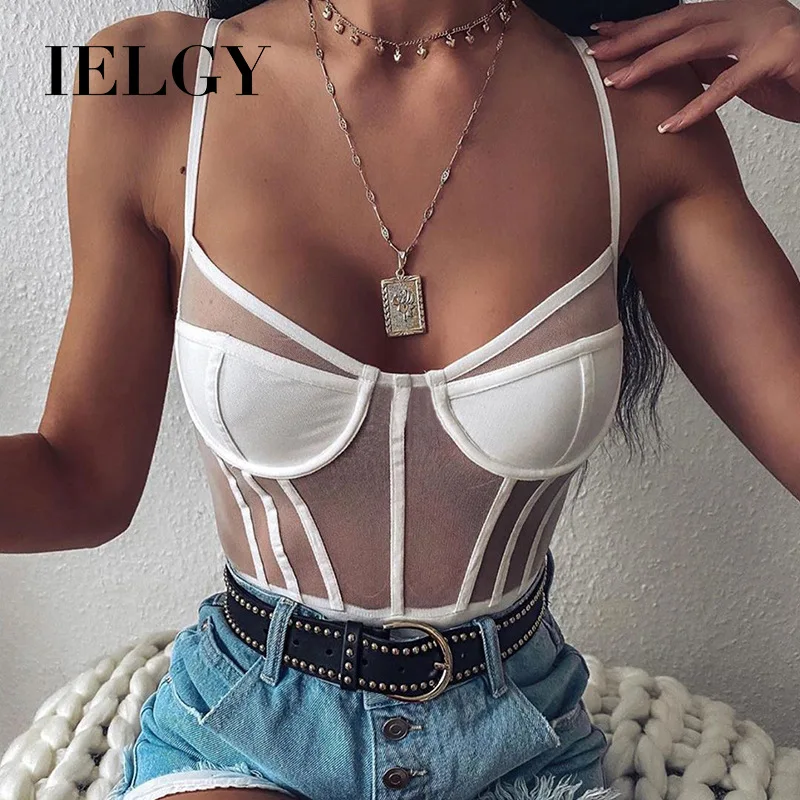 

IELGY Summer new sexy suspenders low-cut perspective mesh slim bodysuit women
