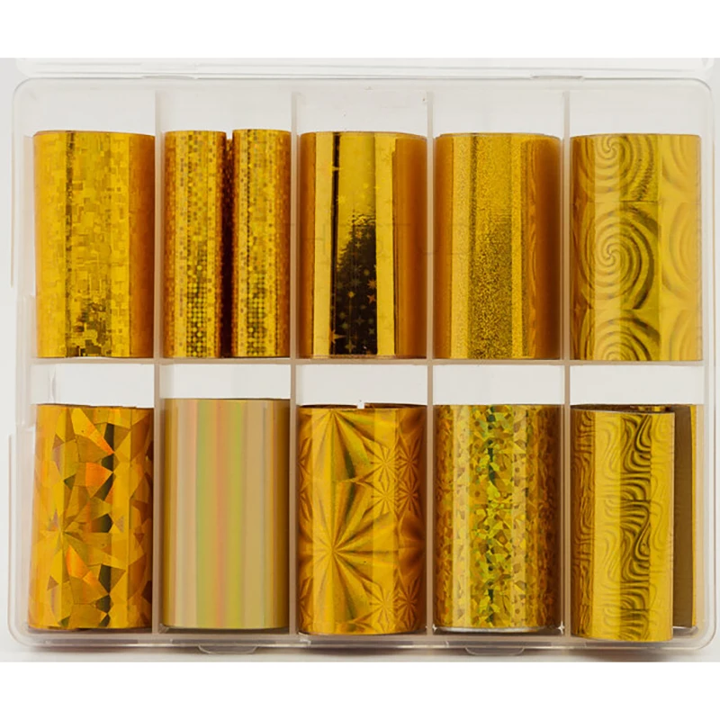 

10Rolls Laser Gold Nail Art Foil Set Charm Gradient Gold Transfer Wraps Sticker4*100cm DIY Manicure Design Decals In10Girds Box
