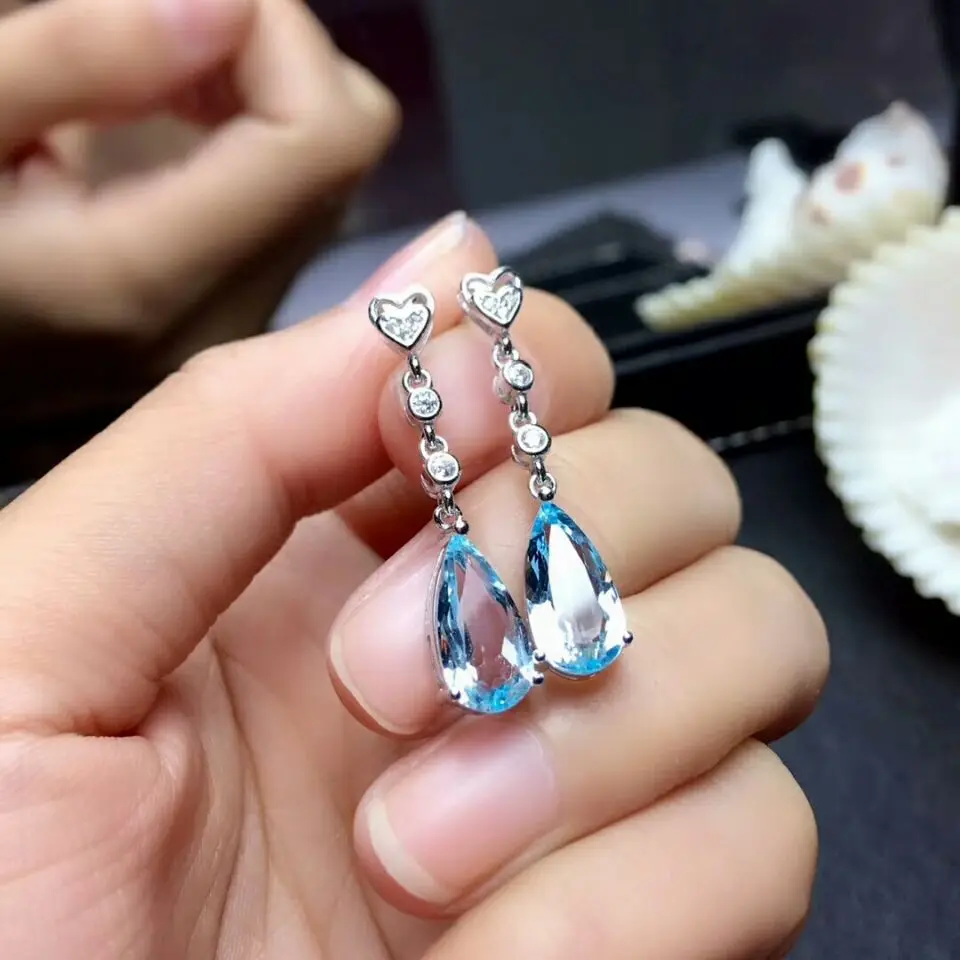 Серьги подвески MeiBaPJ из серебра 100% пробы с натуральным голубым