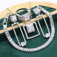 luxury white zircon 925 silver jewelry set for women bracelet long earrings necklace pendant ring