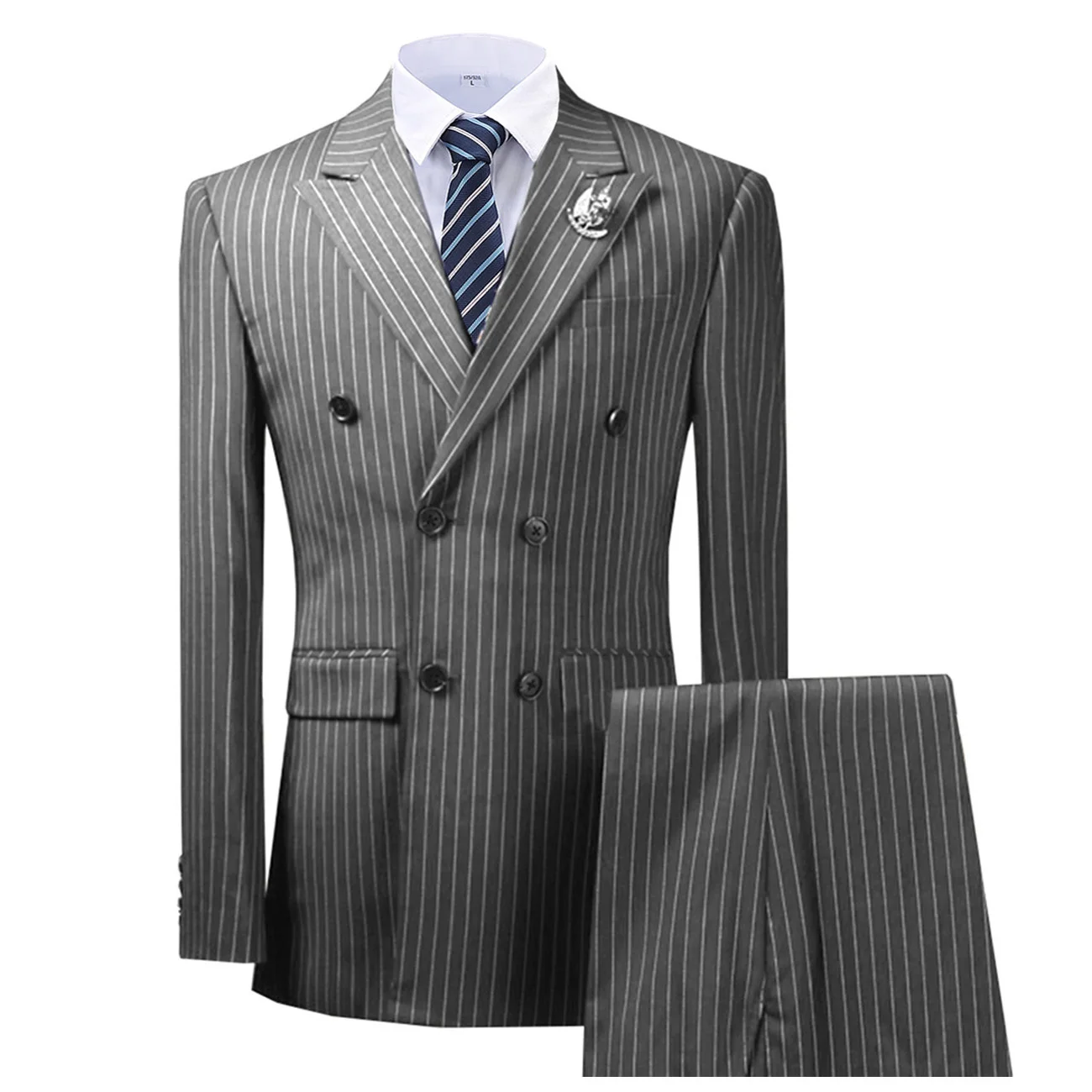 Double Breasted Peak Lapel Stripes Grey Blazer Two Pieces Mens Suit with Pants Formal Silver Jacket For Wedding Groom Tuxedos