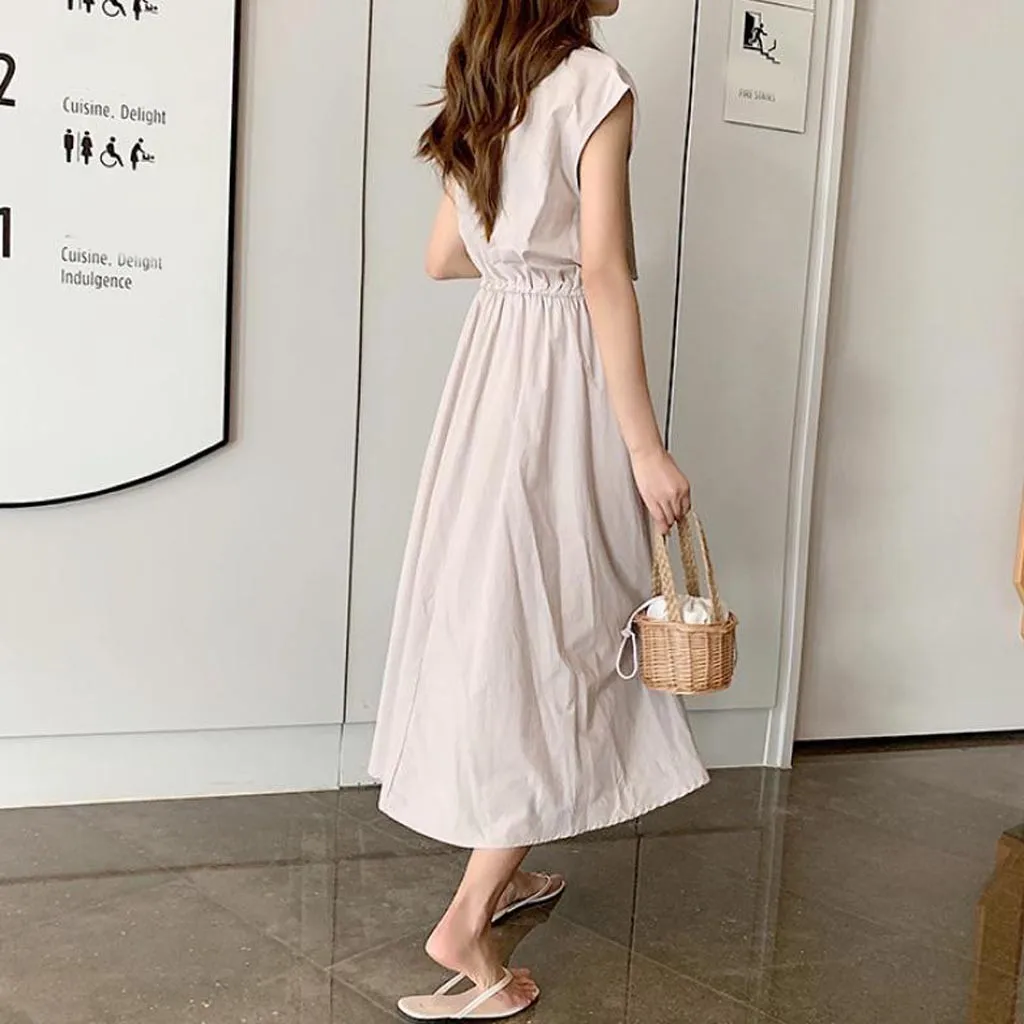 Женское Элегантное Длинное платье без рукавов повседневное однотонное с круглым