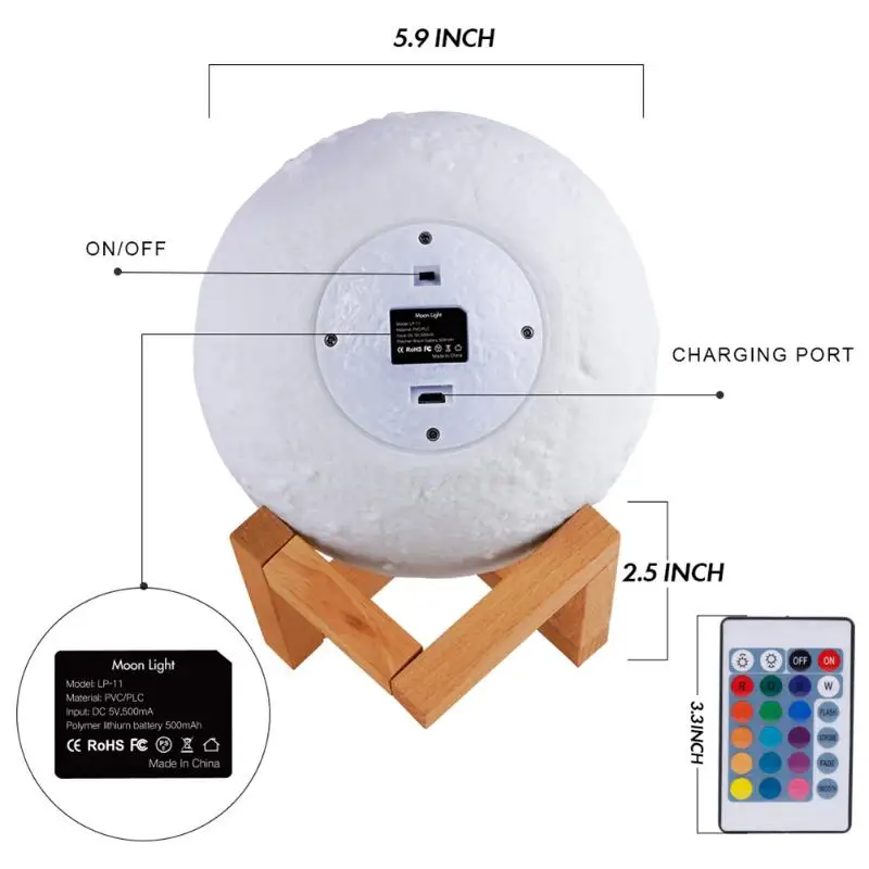 

Creative 3D Print Rechargeable 16 Colors Moon Bedside Lamp LED Night Light Voice Control Table Lamps Bedroom Decoration