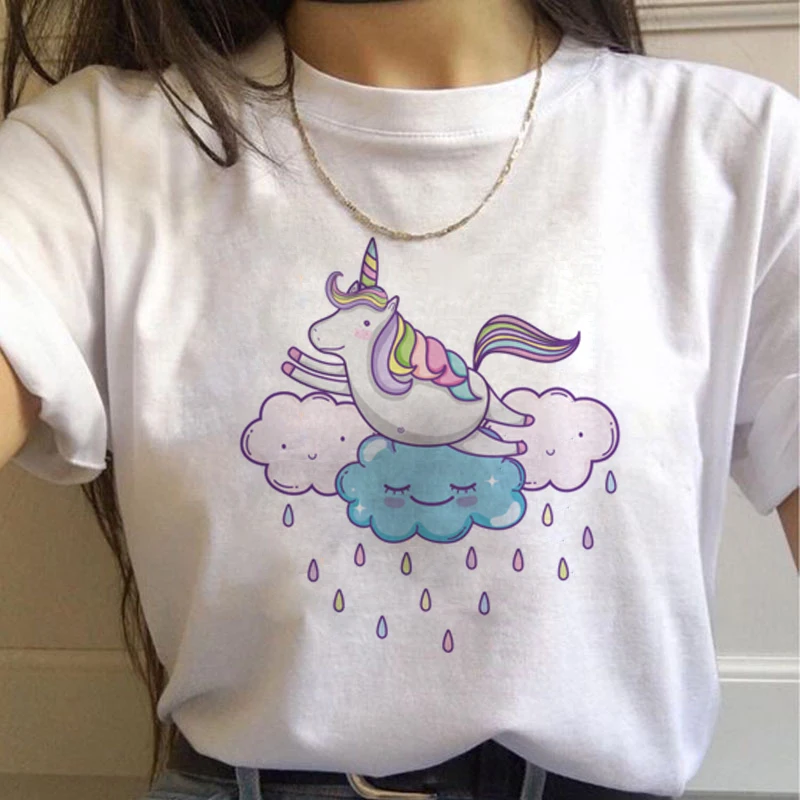 Единорог Kawaii Harajuku футболки женские милые Unicornio Ullzang мультфильм футболка 90s Забавный принт футболки с графическим изображением женские - Цвет: 7567