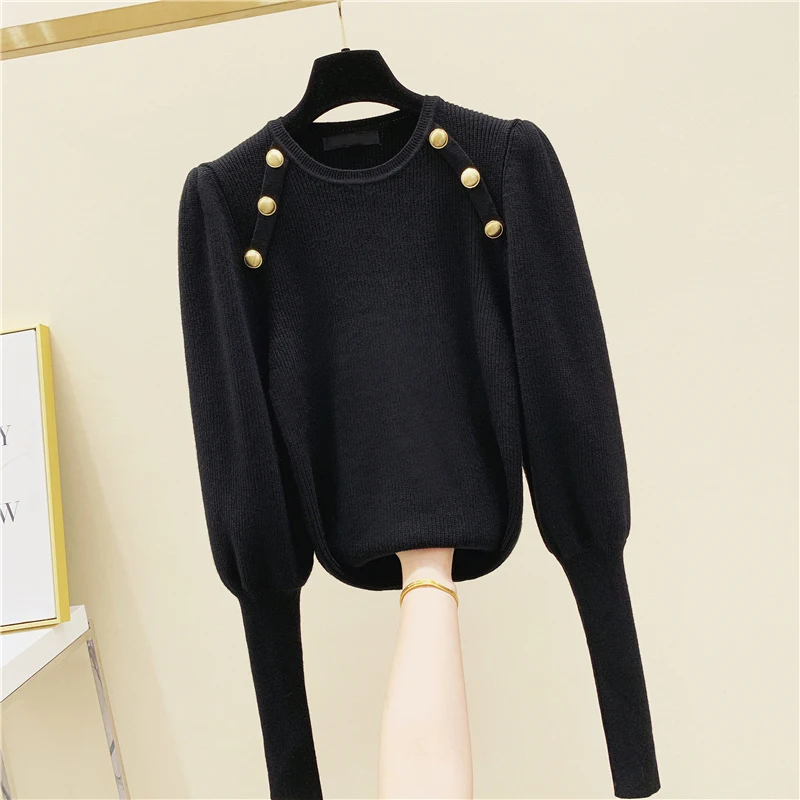 

Осень-зима 2020, новые свободные свитера в Корейском стиле, джемпер с пышными рукавами и круглым вырезом, пуговица для пуловера, свитер, Женски...