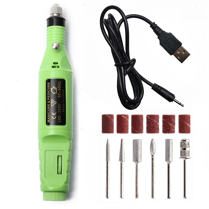 Зеленый 1 Набор, 5 В, USB, одна, низкая скорость, электрическая дрель для ногтей, машинка для маникюра, пилка для дизайна ногтей, сверла для ногтей, инструмент, аппарат для педикюра - Цвет: Зеленый
