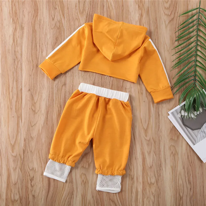 Autumn Fashion Toddler Infant Outfits Baby Girls Yellow Active Casual Clothes Fishnet Patchwork Hoodies Tops Pants Outfit | Детская