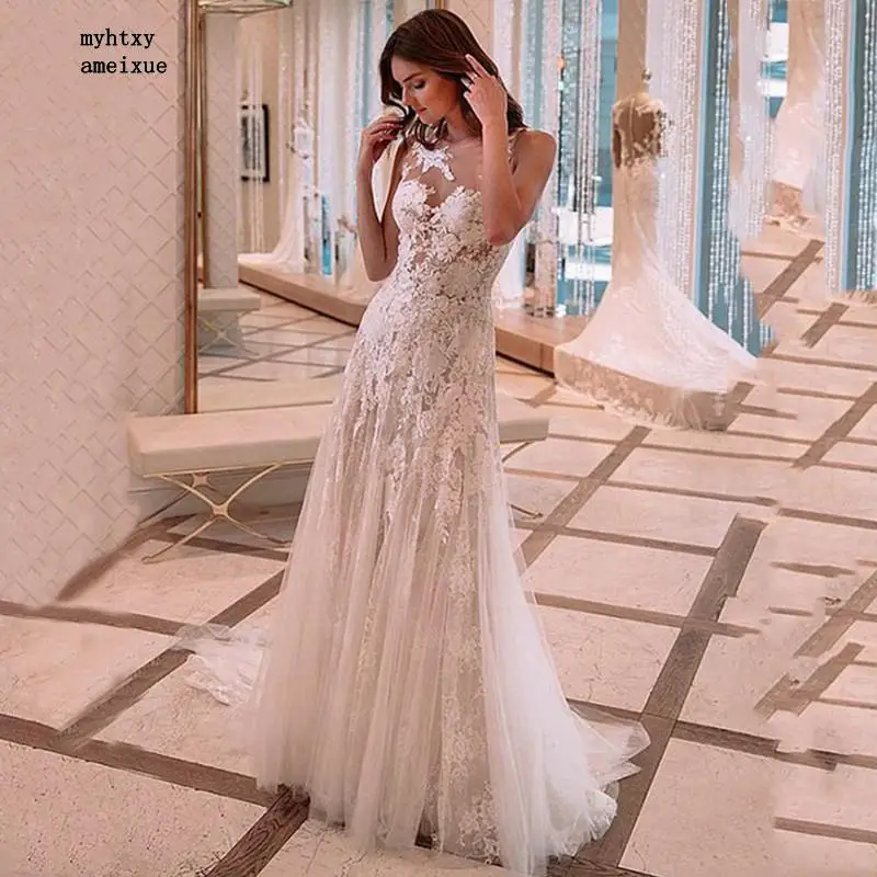 

Sleeveless Lace Scoop Sweep Train Floor-length Illusion Sexy White Mermaid Wedding Dress 2020 Plus Size Vestido De Noiva Simple