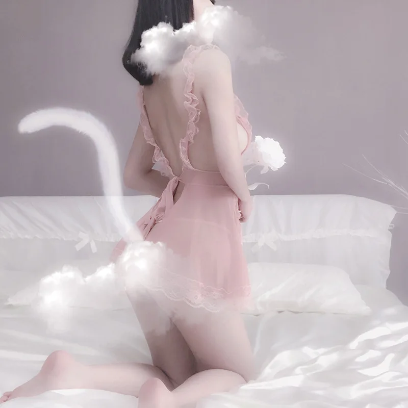 Сексуальное нижнее белье розовая ночная рубашка горничной прозрачная кружевная