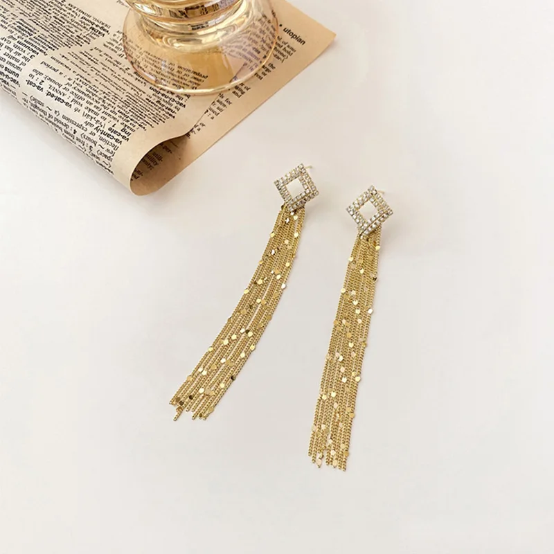 

USTAR Shiny Crystal Long Tassel Drop Earrings for Women Female Rhinestone Gold Dangle Earrings Party Wedding Jewelry