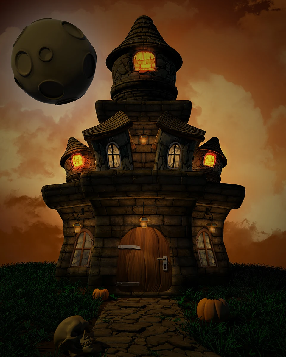 

Halloween Photography Backdrop Fairy Tale House Pumpkin Banner Background Baby Kids Portrait Photo Booth Shoot Studio Props
