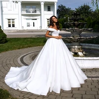 white elegant satin a line wedding dress with folden v neck off the shoulder bridal gown vestido de noiva brautkleider vintage