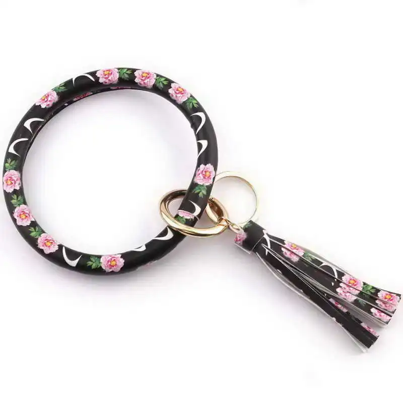 Black Floral ZWPON горячая Распродажа, большой круглый брелок из искусственной кожи с кисточкой, женский браслет, брелок для девочек, брелок на запястье - Цвет: Black Floral