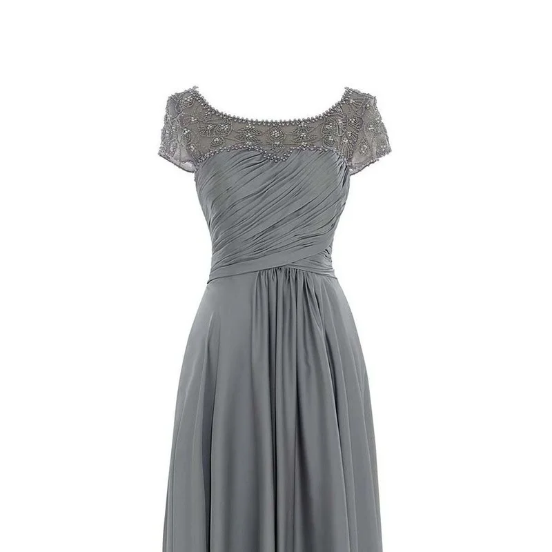 

Vintage Mother of The Bride Dresses Boat Neck Short Sleeve Beading Appliques Long Formal Evening Gown Mother Dress for Weddings