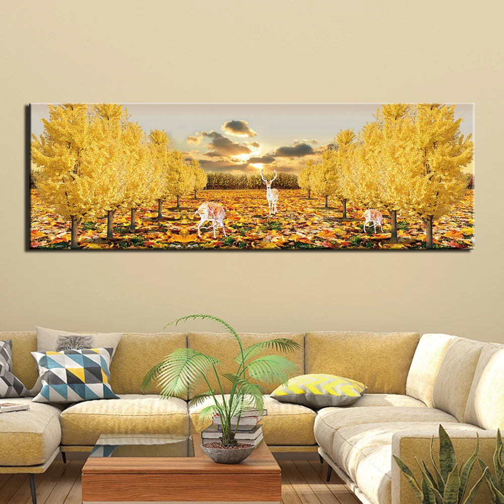 

1 Panel Canvas Pictures For Living Room Wall Art Poster Framework Golden Tree Deer Paintings Landscape Home Decor