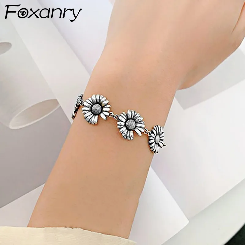 

Foxanry 925 Stamp Party Chian Bracelet for Women Vintage Trendy Thai Silver Daisy Elegant Wedding Bride Jewelry Gifts