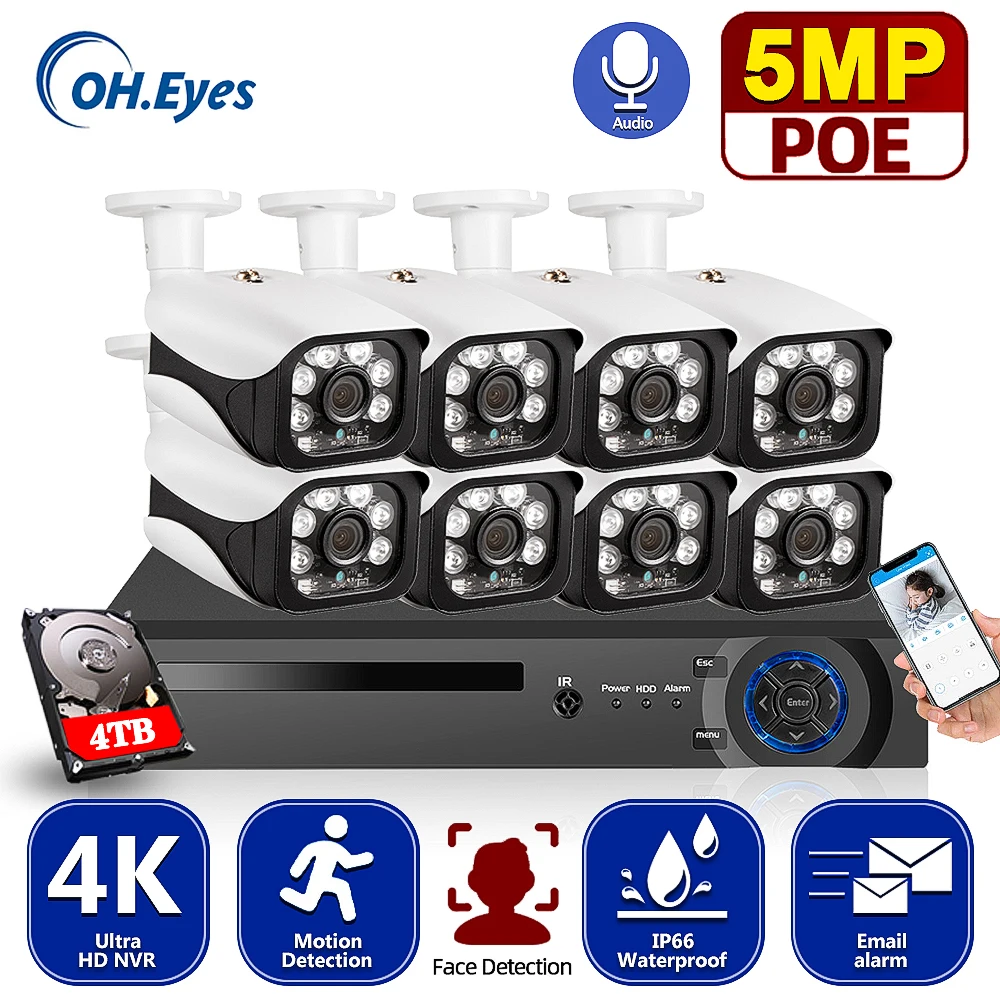 

Система видеонаблюдения OH.EYES, 4K, 8 каналов, POE, NVR, 5 МП, аудио, распознавание лица, водонепроницаемая система видеонаблюдения, комплект видеоре...