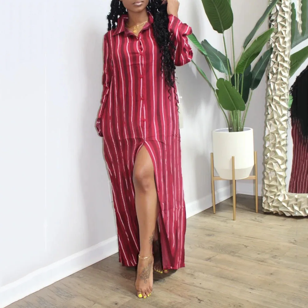 Женское Полосатое повседневное длинное платье 2020 с длинным рукавом осеннее