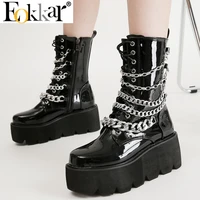 eokkar women chunky black boot goth fashion metal chain ankle boots platform patent leather block high heel winter mid calf boot