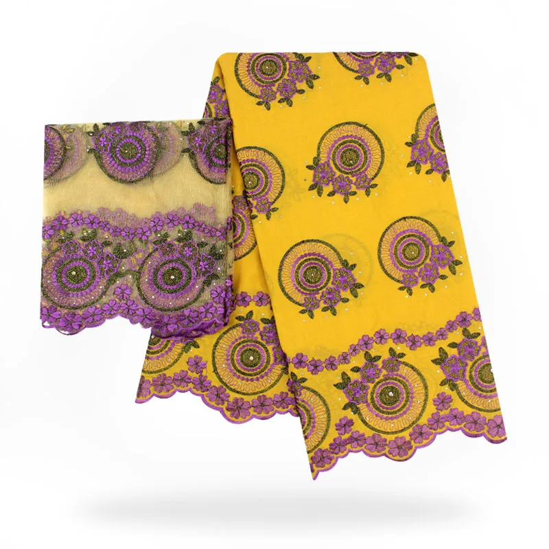 Желтый цвет Нигерия Тюль шнур кружева ткань хлопок много цветок фиолетовые