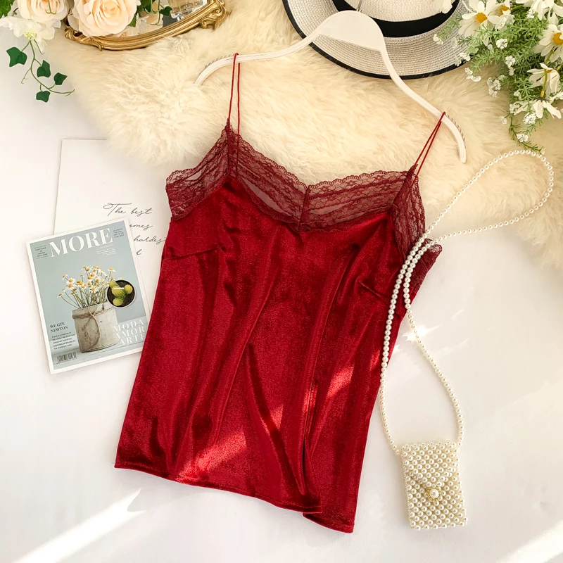 Новая Осенняя Женская кружевная бархатная майка велюровая высокого качества