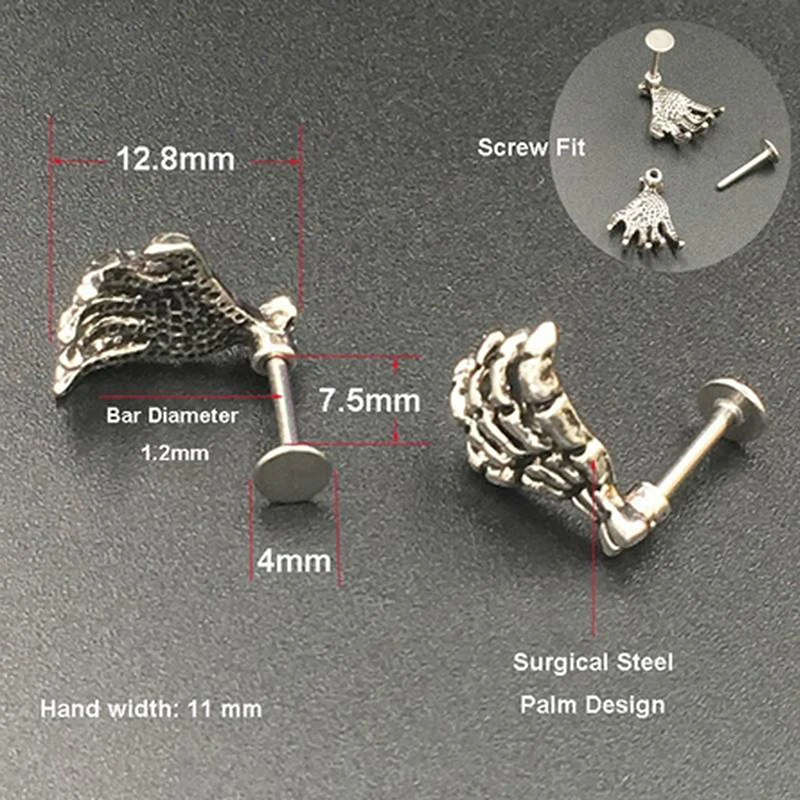 Gothic Punk Skull Hand Shape Devil Kylie Lip Ring Ear Piercing Jewelry Skeleton Plam Stud Accessories | Красота и здоровье