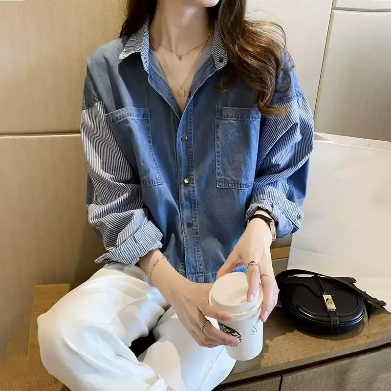 

Женская джинсовая рубашка в полоску, свободная однобортная блузка в Корейском стиле с длинным рукавом, модель Y447 на весну, 2021