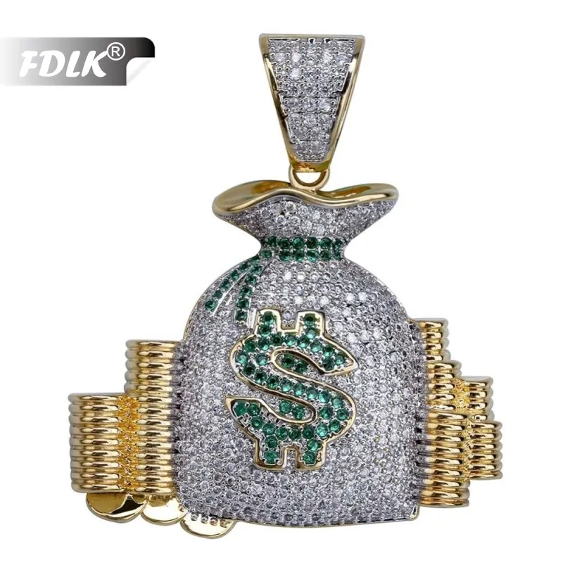 

FDLK Hip Hop US Money Bag Stack Cash Coins Pendant Necklaces Gold colour Necklaces Men Charm Jewelry