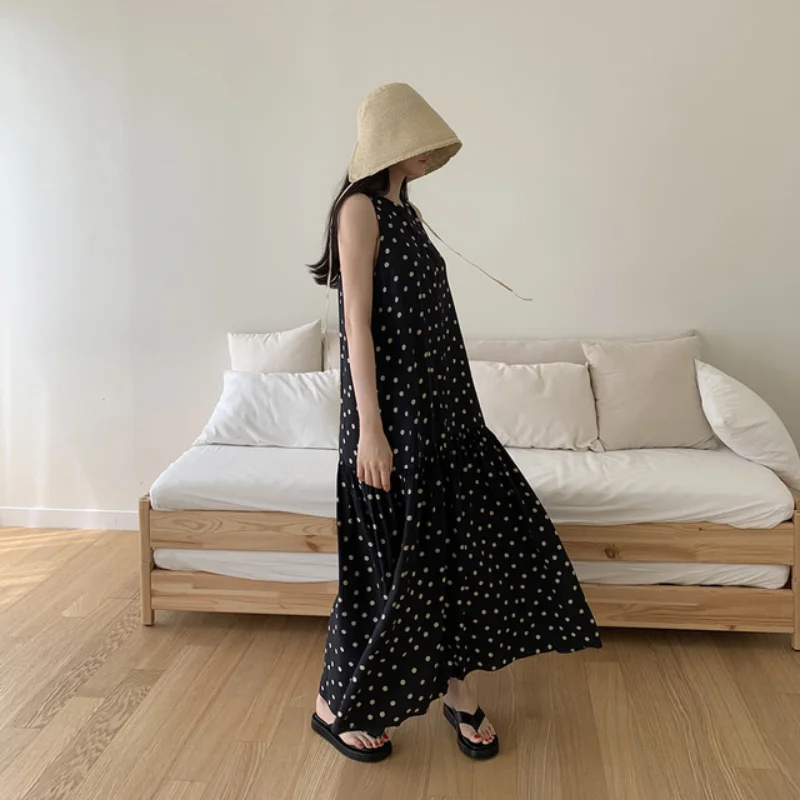 

Woman Dress Korean Chic Summer Elegant O Neck Zipper Design Loose Long Beach Dress Big Swing Sweet Fresh Polka-dot Femme Robe