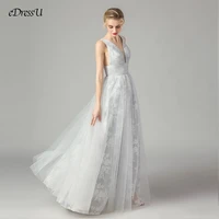 elegant silver evening dress sexy v neck tulle lace long dress prom gown empire wedding party dress vestido de fiesta ws 125
