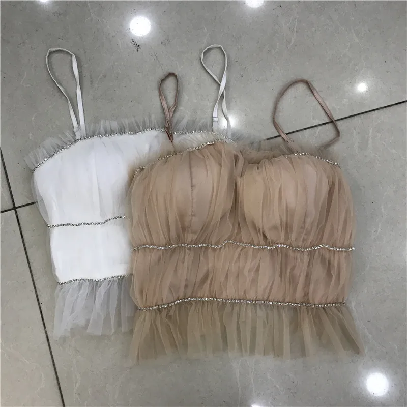 Rhinestone Mesh Camisole Women's Slim Fit Short Pleating Sling Shirt Sexy Crop Top Girls Ladies Blusas Mujer 2021