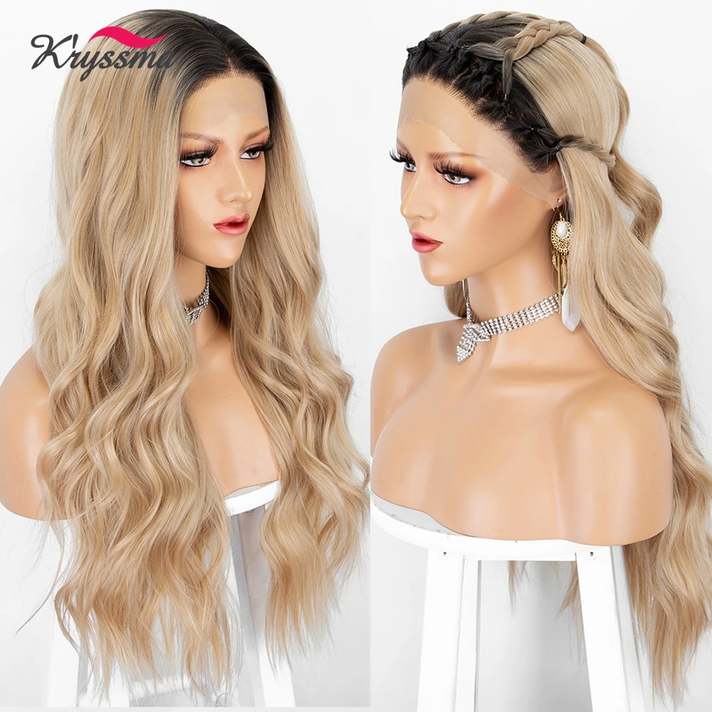 Kryssma Long Wavy Synthetic Lace Front Wig Honey Blonde Lace Front Wigs For Women Heat Resistant Synthetic Hair Cosplay Wig