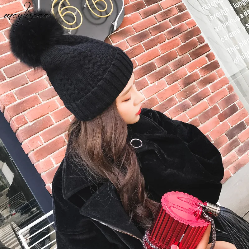 Новинка 2019 шапка для женщин зимняя с лисьим помпоном теплая вязаная из кашемира