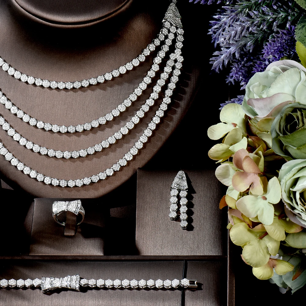Элегантные наборы свадебных ювелирных изделий HIBRIDE 4 уровня с фианитами для