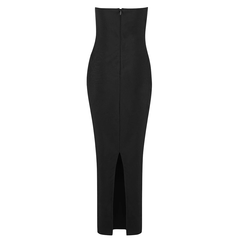 

High Quality Women Sexy Women Black Red Strapless Bandage Dress Celebrity Split V Neck Vestidos Winter Ankle Length Bodycon
