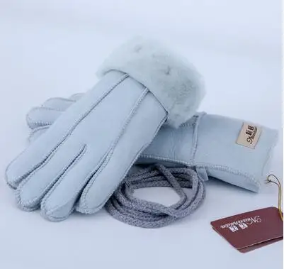 women light blue Мужская осенне-зимняя утолщенная теплая цельная шерстяная меховая кожаная перчатка Мужская зимняя брендовая шерстяная меховая рукавица R2218 - Цвет: women light blue