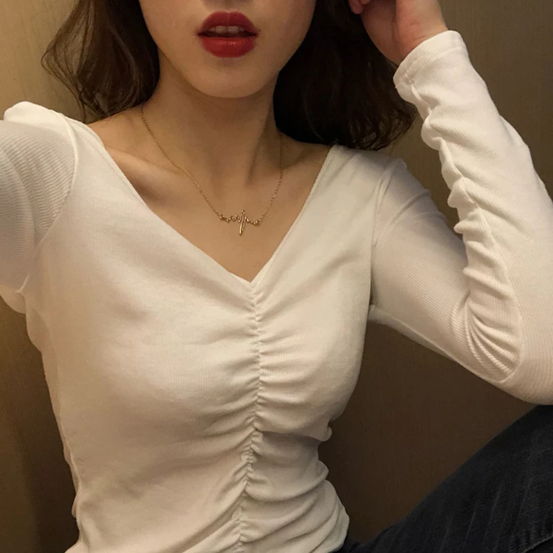 

T-shirt Long Sleeve Women's V-neck Goddess Temperament Autumn and Winter Western Style Top Korean Style Slimming Pleated Knitted