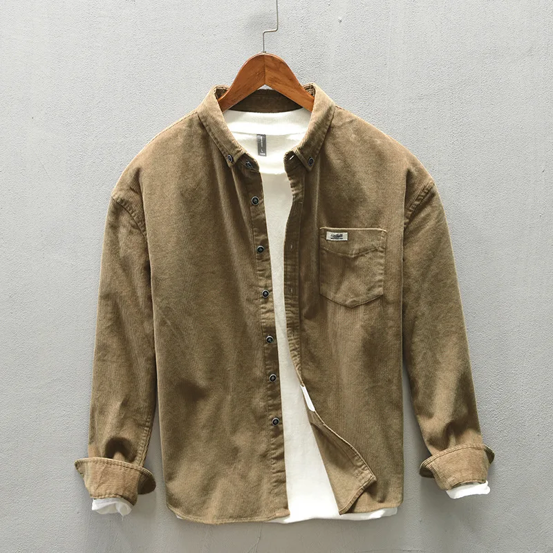 

Z711 Autumn Winter Men Corduroy Shirts Casual Simple Daily Student Pocket Patchwork Premium Cotton Solid Color Long Sleeve Tops