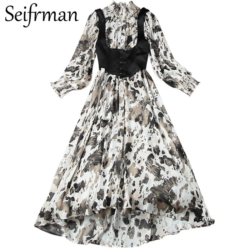 

Seifrmann New 2021 Spring Women Fashion DesignerHoliday Long Dress Lantern Sleeve High Waist Vintage Ladies Chiffon Dresses
