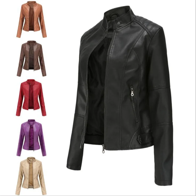 

Женская кожаная куртка, тонкая весенне-осенняя мотоциклетная одежда для женщин, куртка большого размера с воротником-стойкой, женская Весенняя куртка, женская куртка
