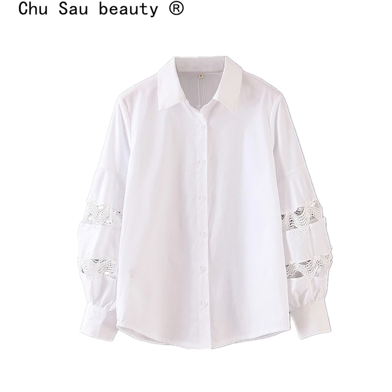 Chu Sau beauty Новинка 2019 г. Модные белые ажурные кружевные лоскутные блузки Ins bloger