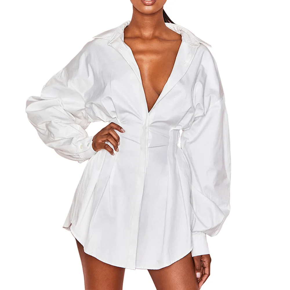 

2020 fashion autumn women's casual shirt women's black and white solid color sexy waist shirt women's V-neck slim shirt women s